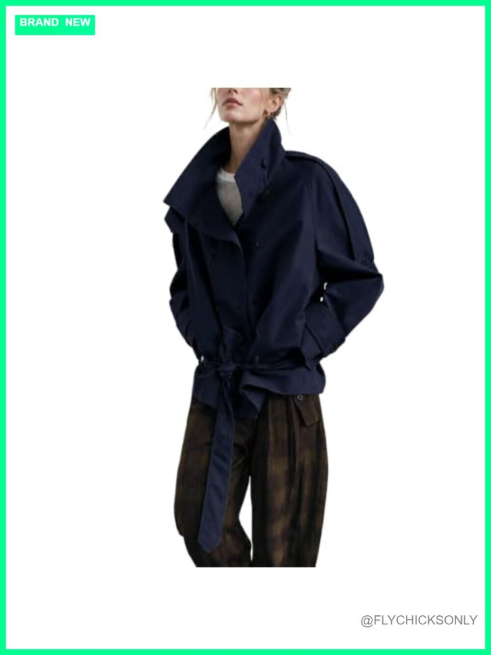 Womens Cropped Trench Coat Double Breasted Funnel Neck Self Tie Belt